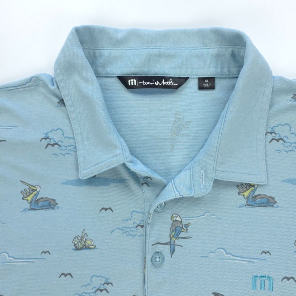 TRAVIS MATHEW Going Rogue Golf Polo Shirt Beer Bird Novelty Print Resort Casual - Picture 2 of 10